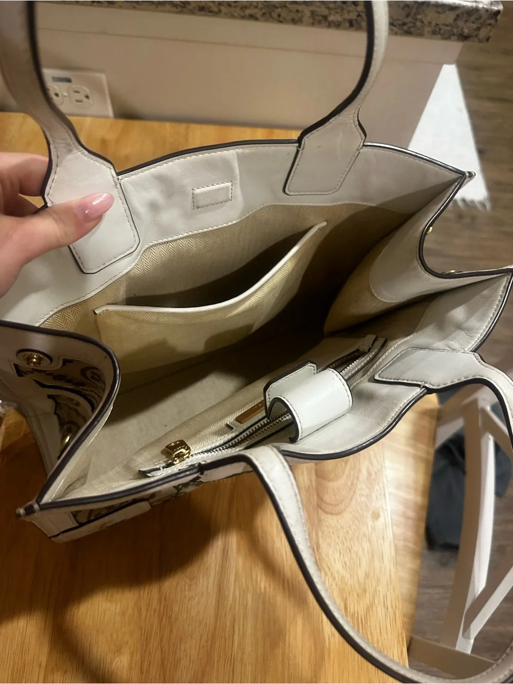 Tory Burch White and Beige Embroidered Canvas Tote